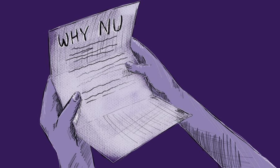 A pair of hands holding a piece of paper with “Why NU” in front of a purple background.