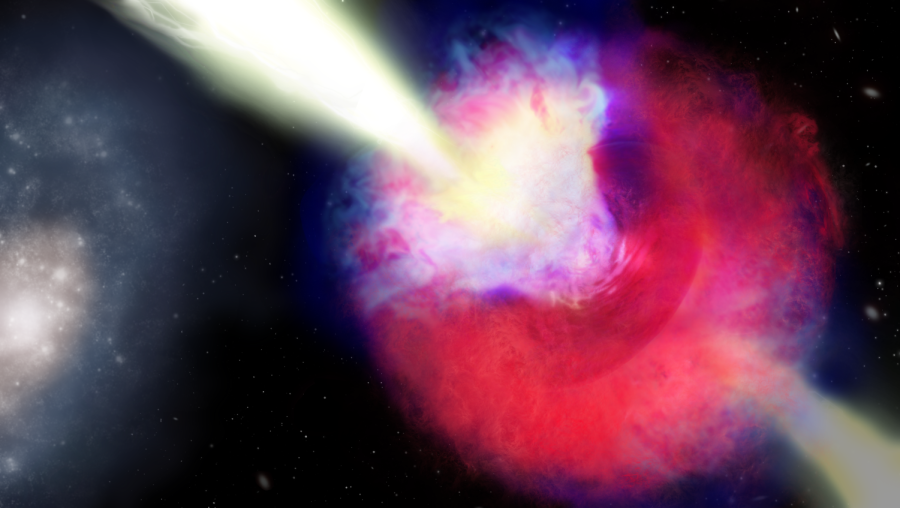 A yellow-white beam shoots through a cloud of red and blue to represent a kilonova and gamma-ray burst.