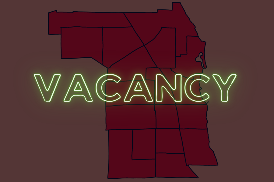 The word “VACANCY” is superimposed on top of a red image of an Evanston map.