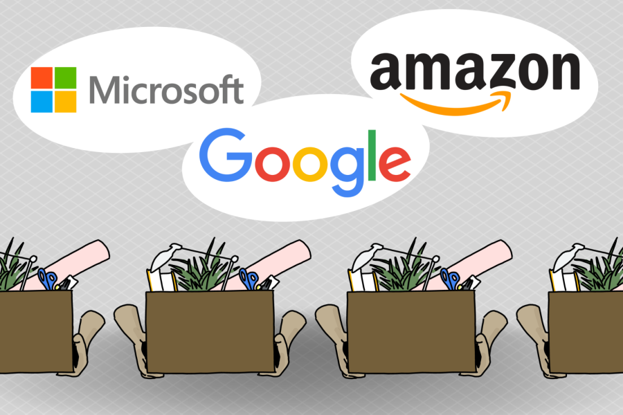 A gray background with the Microsoft, Google and Amazon logos. Beneath are hands holding a box with office items inside.