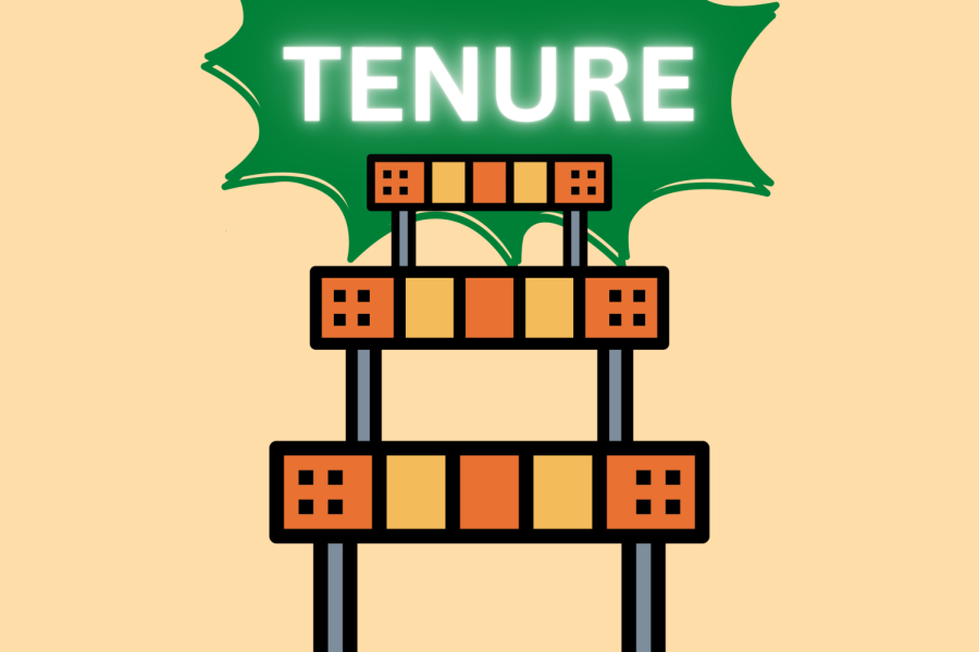 “Tenure” is pictured behind three bright orange hurdles at the end of a track.