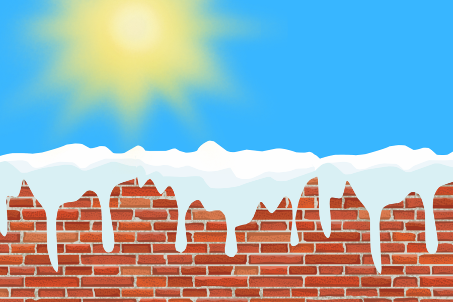 Illustration of a brick wall with snow melting on it.