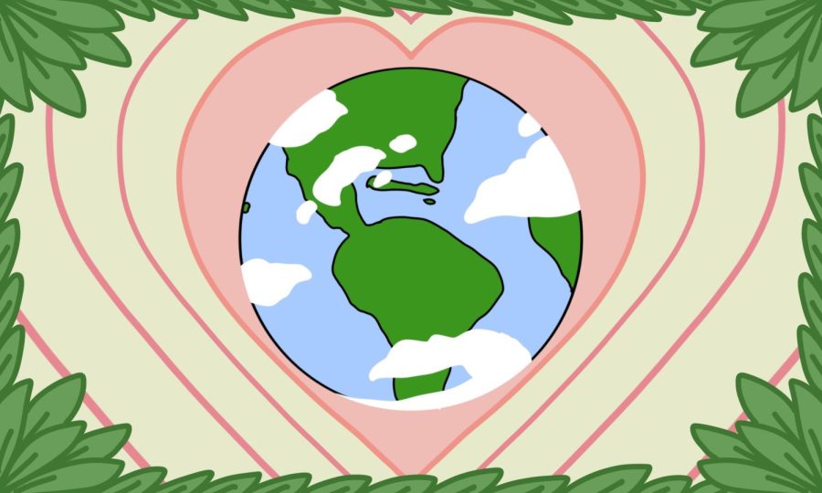 A picture of the Earth surrounded with green and pink heart-shaped outlines.