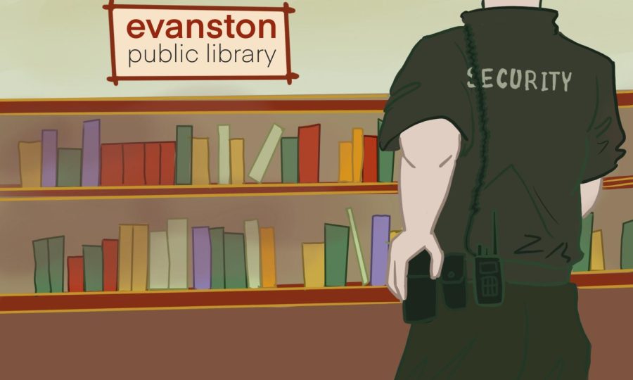 An illustration of a security officer holding a gun at a library.