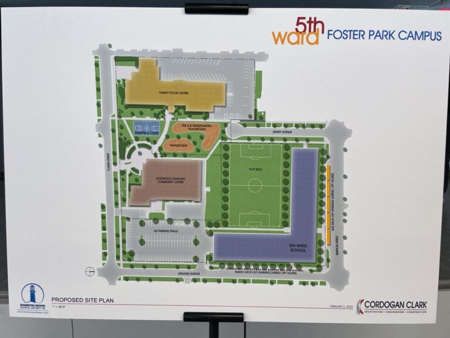 A sign that shows the latest site plan for the school. According to the plan, the campus includes an L-shaped, four-story school building and an artificial turf field.