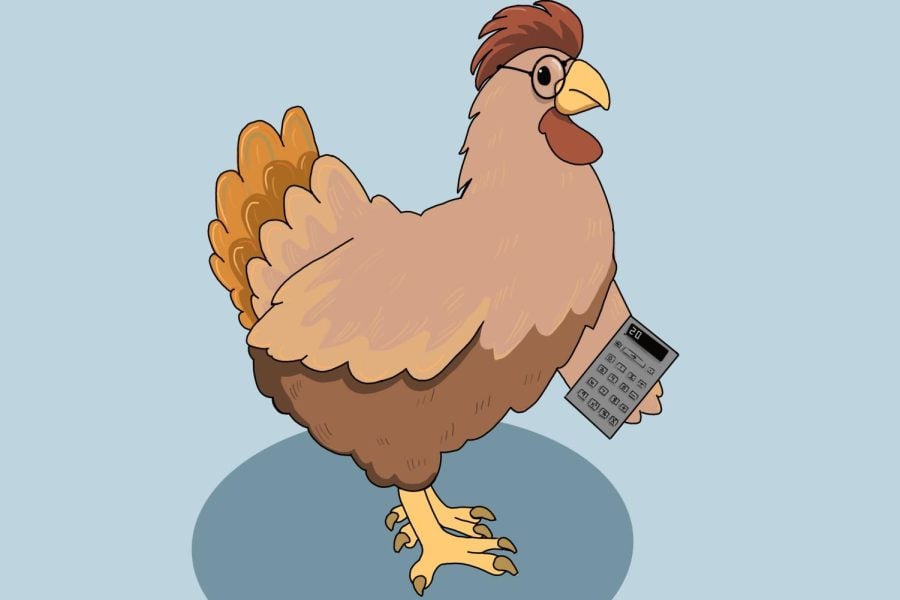 An illustration of a rooster with glasses holding a calculator on a blue background.