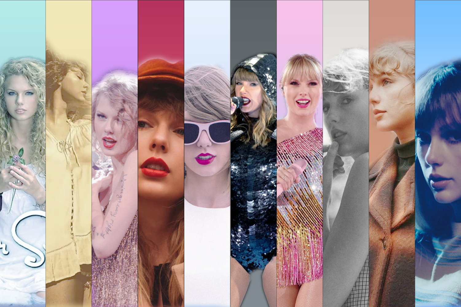 10 photos of Taylor Swift in a rainbow of outfits and colors to represent her different “eras”