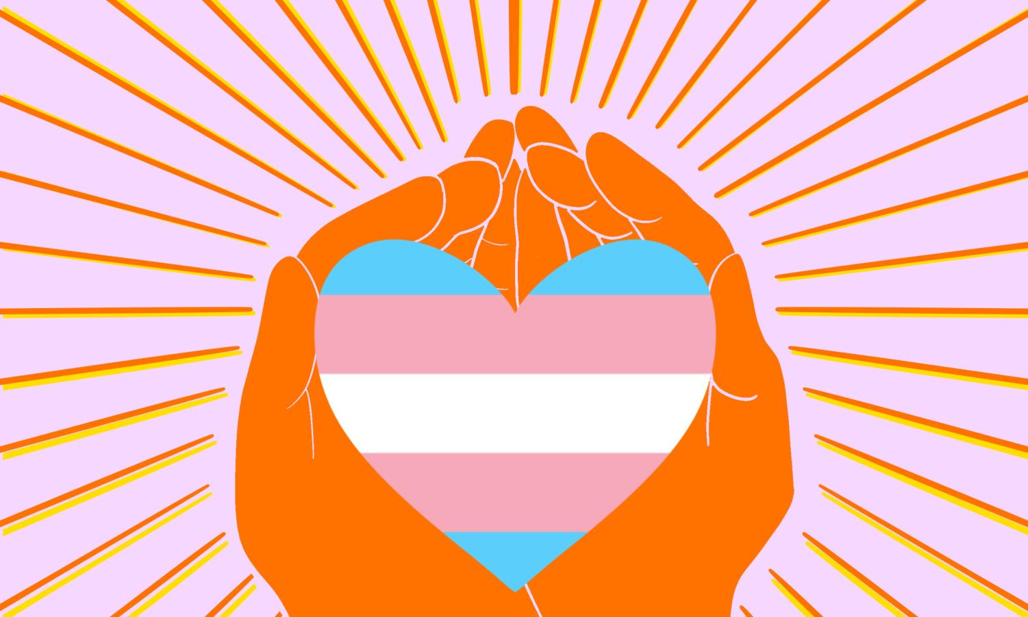 Orange+hands+clasping+a+heart-shaped+trans+flag.+Pink+background+with+orange+stripes.