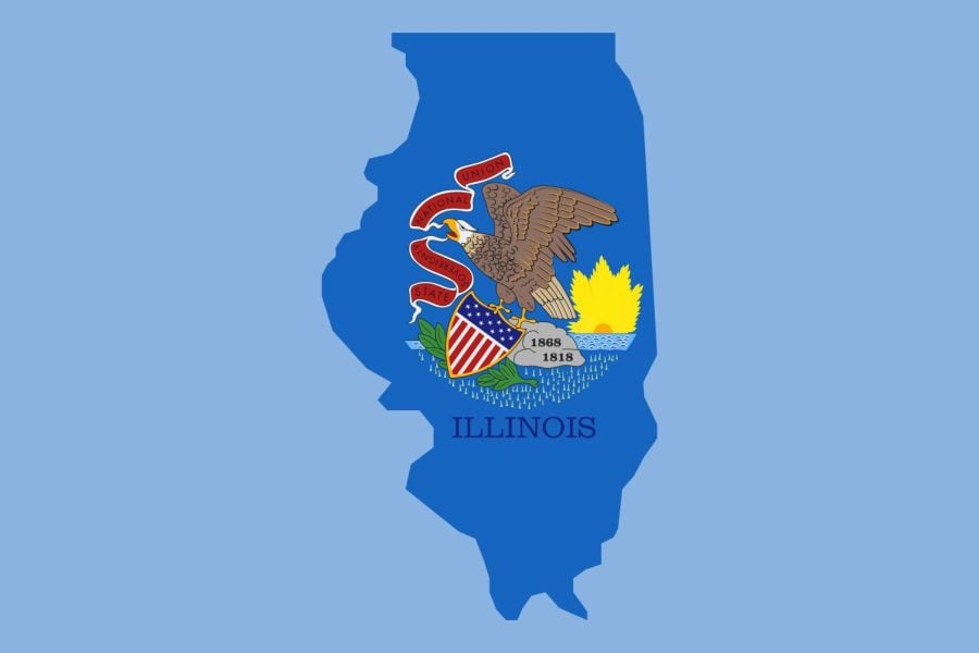Illustration of a flag design over a state.