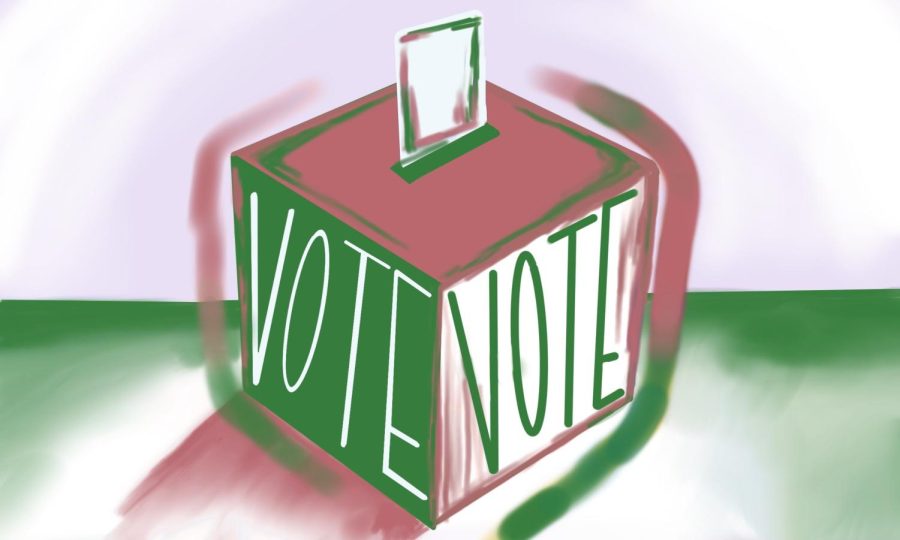 A ballot box with a ballot sticking up. Reads Vote on the sides of the green and pink box.
