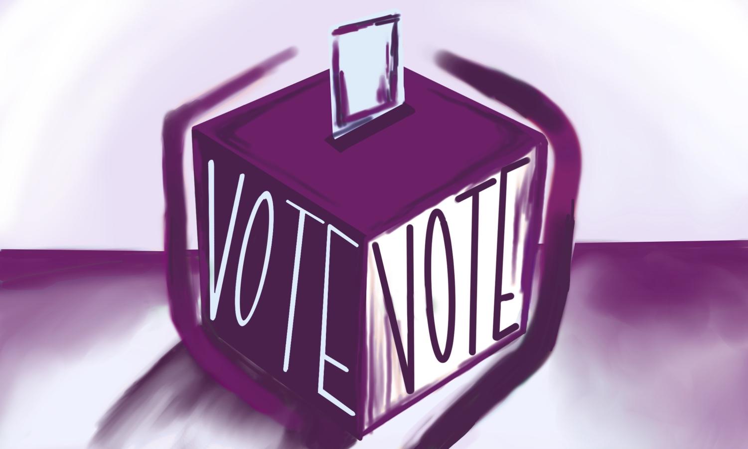 A+purple+ballot+box+with+the+word+VOTE+written+on+the+sides.