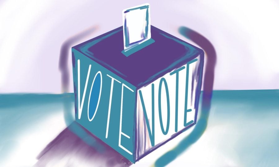 A box with a ballot sticking out that says VOTE on each side, in turquoise and purple.