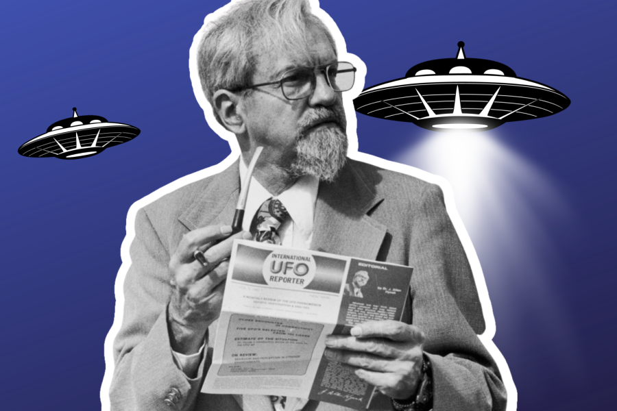 A cut-out, black-and-white picture of Josef Allen Hynek holding a copy of the “International UFO Reporter” against a purple background with illustrated UFOs.