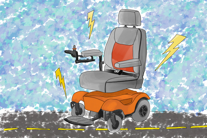 A red and gray wheelchair with lightning bolts around it.