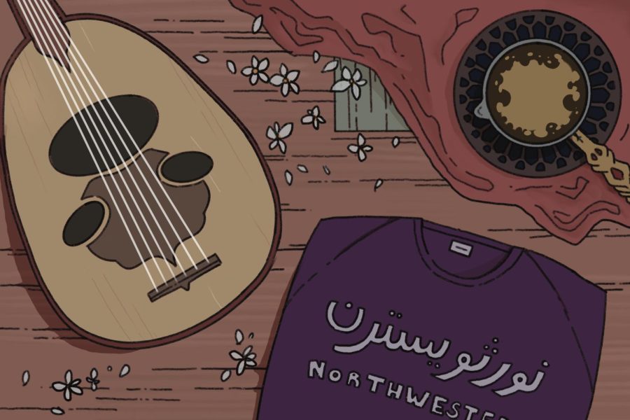 Illustration+of+a+Northwestern+sweatshirt%2C+an+oud+and+a+cup+of+tea+on+a+wooden+table.