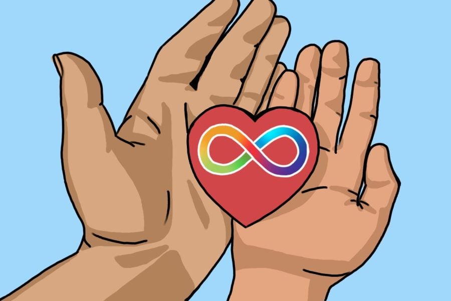 A drawing of two hands cupping a red heart with a rainbow infinity sign.
