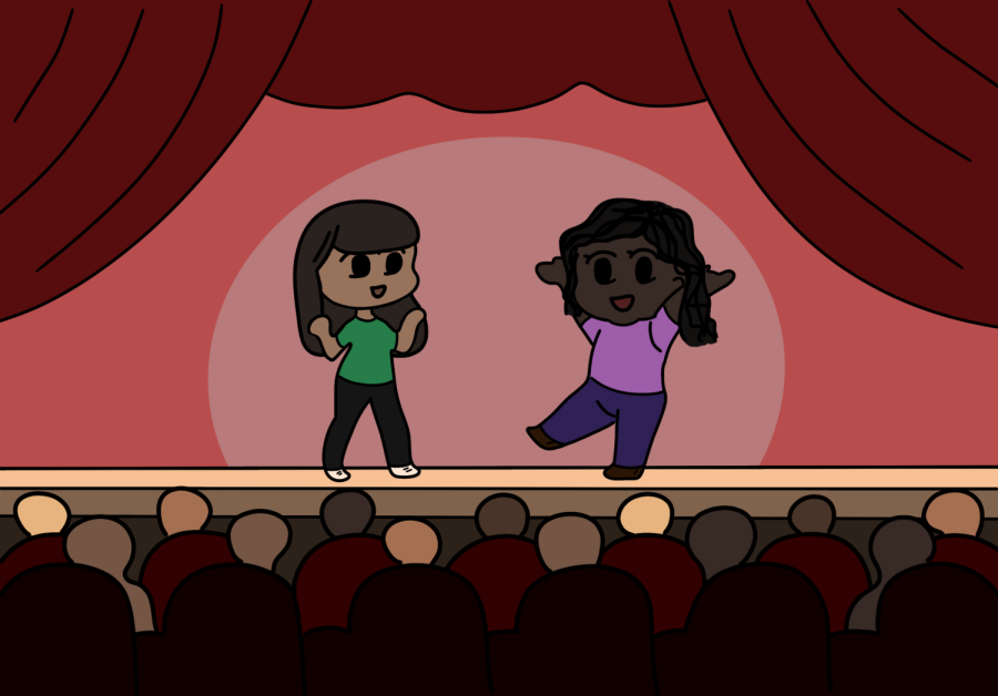 Two BIPOC performers stand on a stage with red curtains drawn to the sides. A diverse audience sits in front of them.