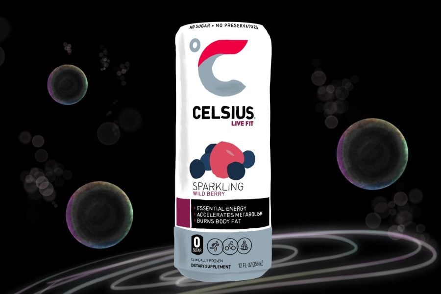 Wild Berry Celsius against a black background surrounded by three bubbles.