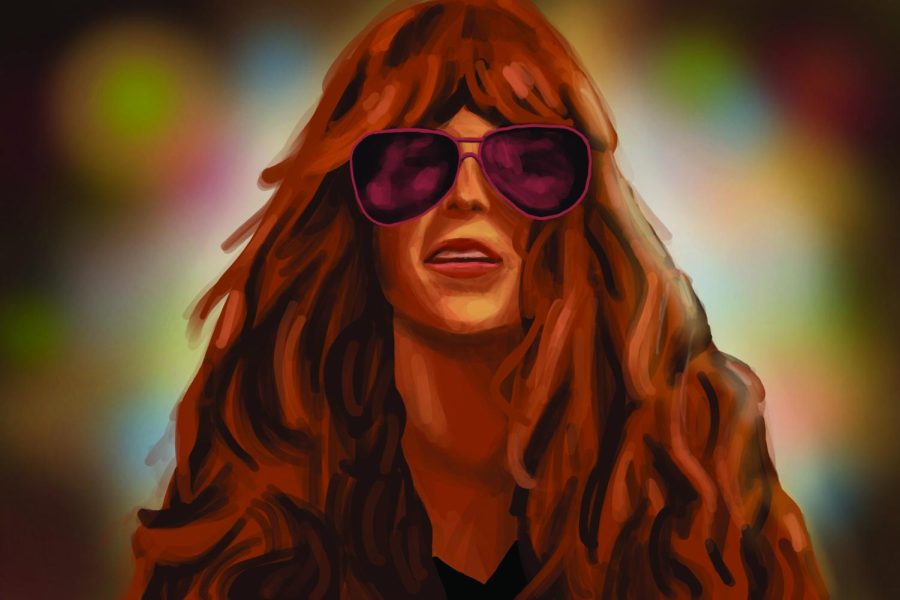 Illustration of a red-headed woman with glasses. The background is a blurry mix of colors.