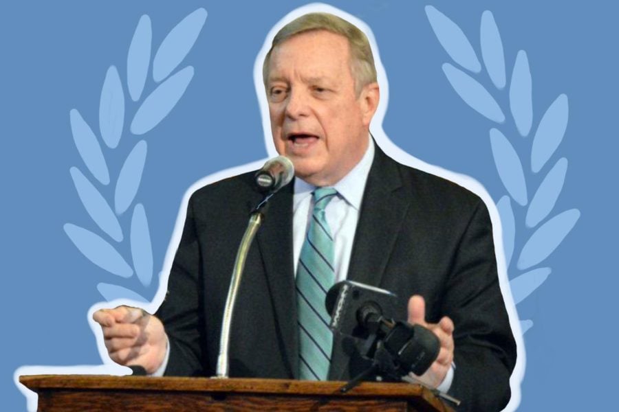 Picture of Sen. Dick Durbin in front of illustrated blue background.