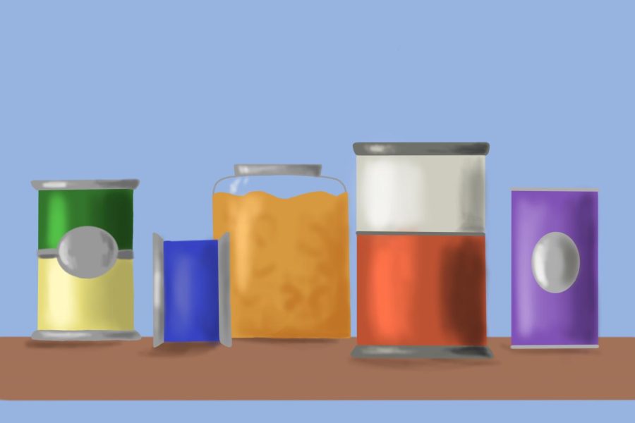 Drawing of five cans of food sitting on a brown table.