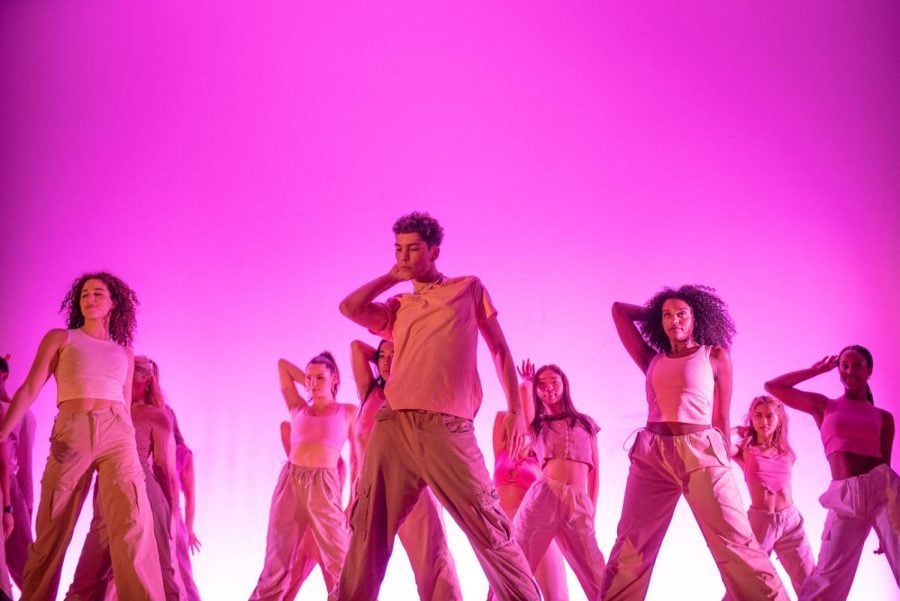 In front of neon pink lights, dancers in rows pose with their left arm behind their heads.