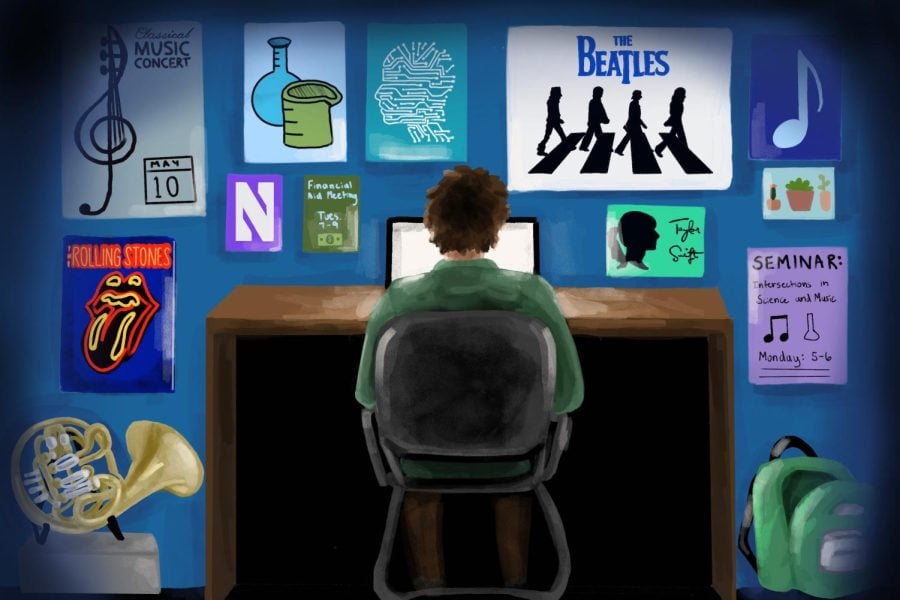A student sits in a dark dorm room illuminated by their computer screen. Scientific and musical posters adorn the walls, and a saxophone sits in the corner.