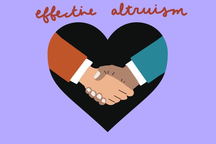 Two hands in a handshake inside a black heart in front of a purple background with cursive text reading “effective altruism”