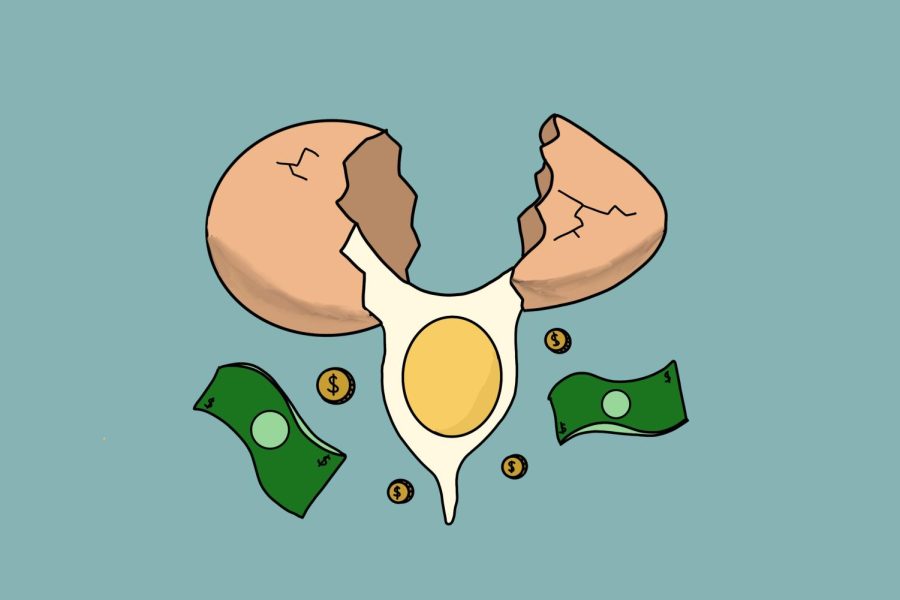 Egg cracking over dollar bills and coins over a blue background.