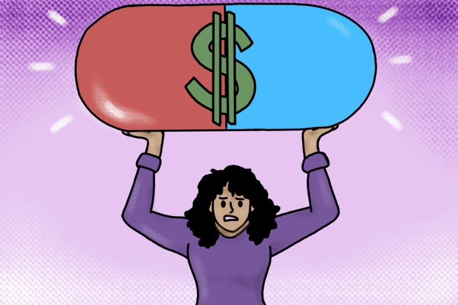 An illustration of a person in a purple sweater holding a pill — red in one half, blue another — that has a green dollar sign in front of it.