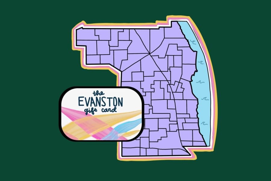Purple map of Evanston on dark background with illustration of gift card in foreground.