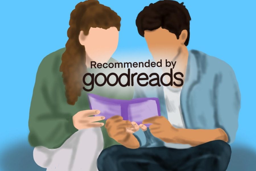 Students huddle over a book. Illustration features girl in green sweater and boy in jean jacket and white top. Recommended by Goodreads in glowing text over purple book.
