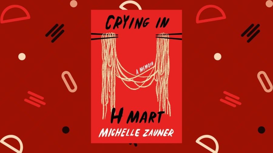 Illustration of a red “Crying in H Mart” book with assorted shapes in tan, red and black.