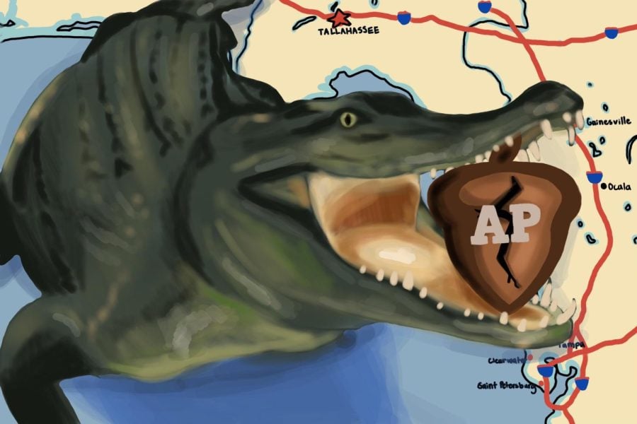 An illustration of an alligator that has an acorn nut, titled “AP,” in its mouth. A map of Florida is in the background.