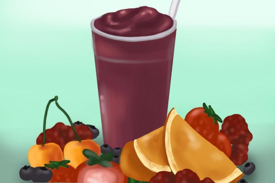 A purple smoothie over a turquoise background with the “Jamba” logo on the cup.