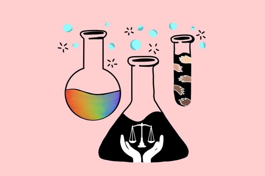 Three test tubes — one with a rainbow gradient, one with a scale, and one with multicolored hands — are on top of a pink background.