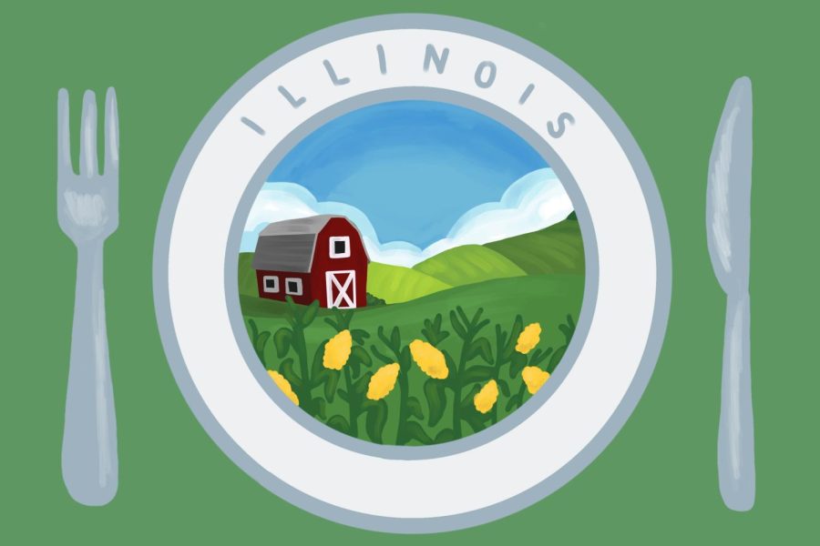 A place setting with Illinois on the top and the landscape of a farm in the plate