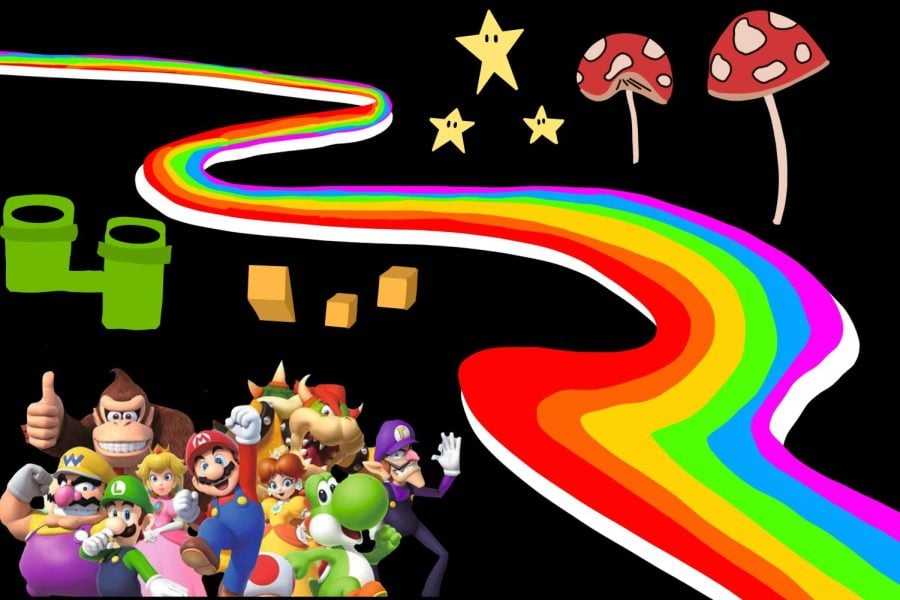 A set of Mario characters are at the bottom left as a rainbow road takes up the rest of the frame.