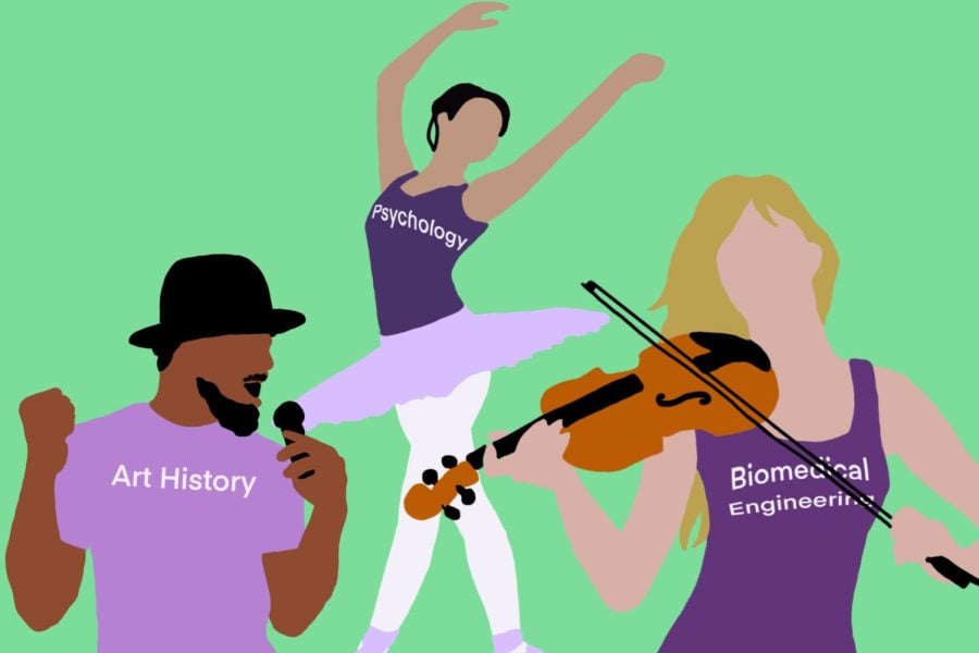 Three people, each wearing a shirt with a non-arts major written across it, are seen singing, dancing and playing the violin.