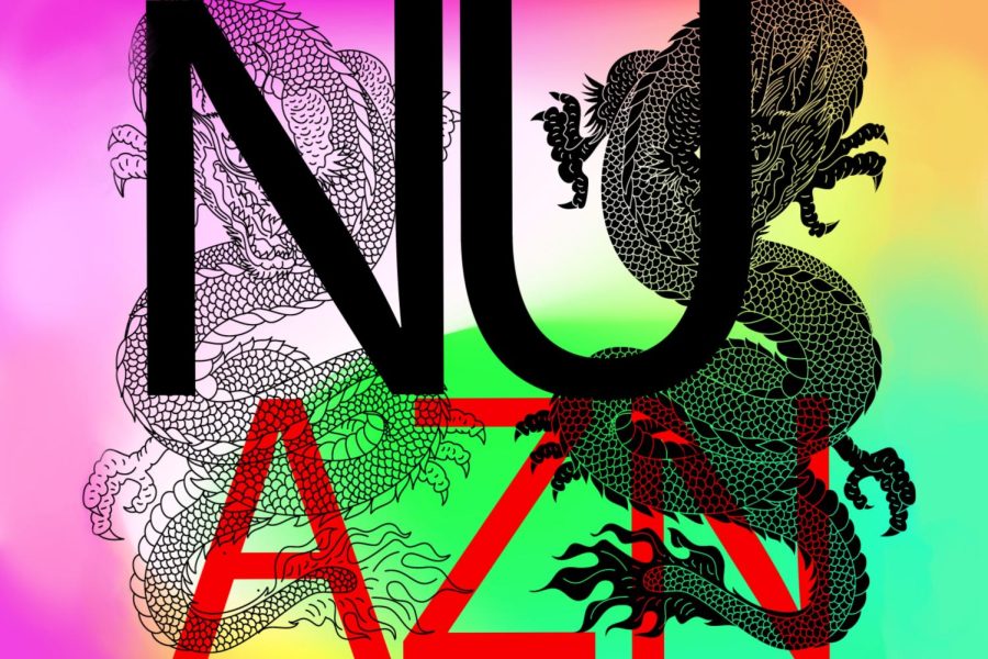 The word nuAZN” against black dragons and a rainbow background.