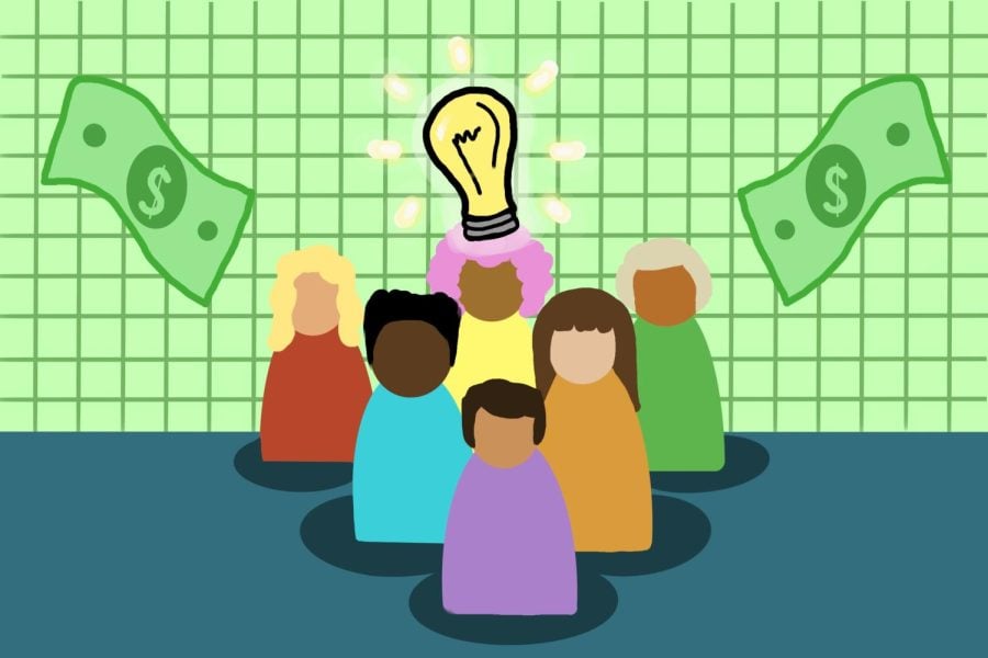 Illustration of several human figures with a light bulb signifying ideas above their heads. There are also dollar bills in the background.