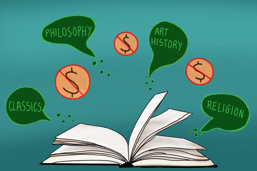 An illustration of an opened book with speech bubbles reading classic, art history, philosophy and religion, and a green background.
