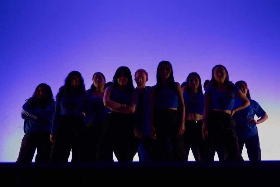 A group of dancers stands onstage together.