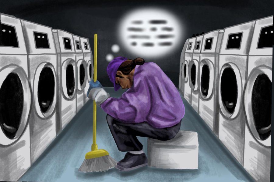 Worker in purple cap and purple crewneck with hair pulled back crouched over holding a yellow broom. There is a blurred thought bubble above her head. Laundry machines surround both sides.