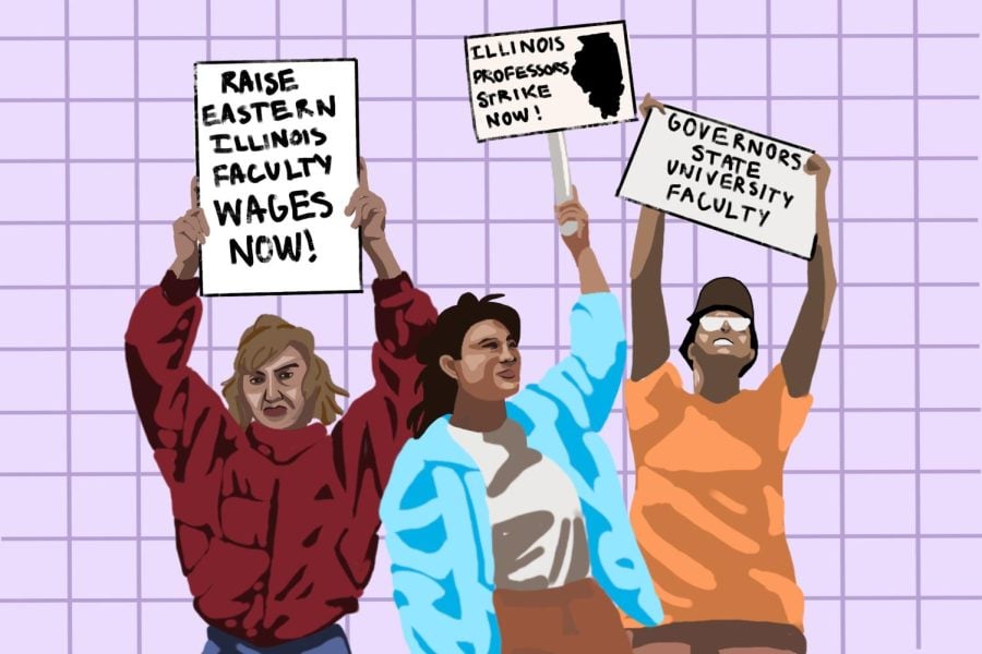 A graphic of three people holding up signs to protest with a pink background.