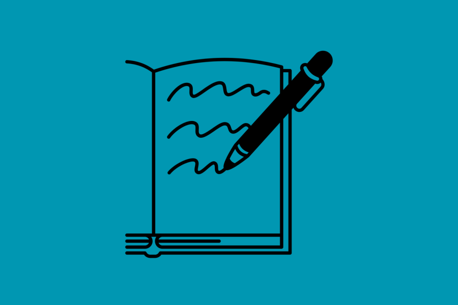 An illustration of a pen writing on a page in front of a blue background.