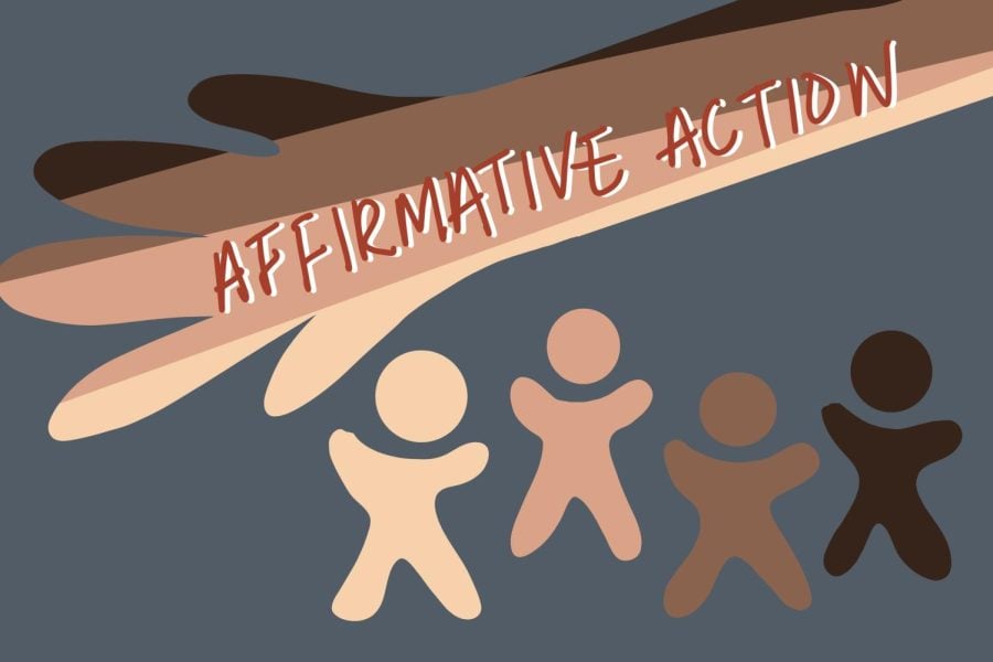 A cartoon hand is shown with different colors from the human skin spectrum and the words Affirmative Action written in red letters.