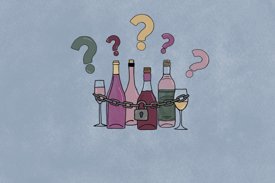 Assortment+of+different+pink+and+yellow+colored+liquor+bottles+chained+and+locked+up+with+question+marks+hovering+above+them.