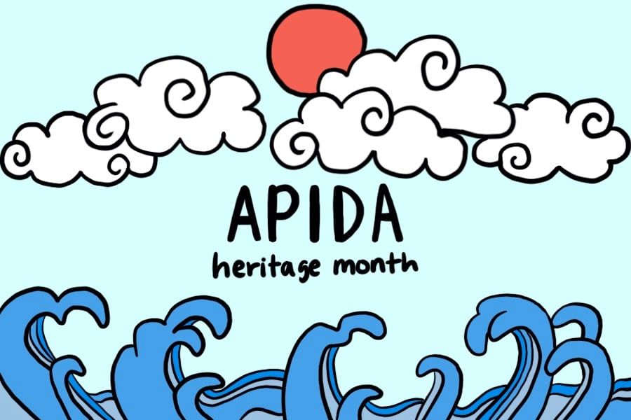 Cartoon clouds over the words “APIDA Heritage Month” with waves at the bottom.