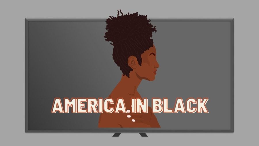TV+screen+in+gray+with+America+in+Black+written+on+it+and+faceless+Black+woman.